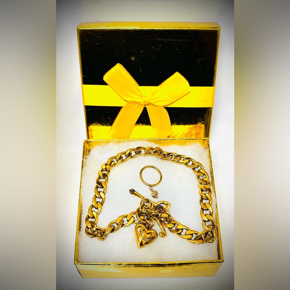 JUICY COUTURE Puffy Heart Toggle Heavy Chunky Chain Choker Necklace And Ring
